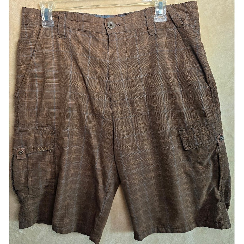 Micros Mens Brown Plaid Cargo Shorts Size 32 Cotton Blend Multi-Pocket. 764